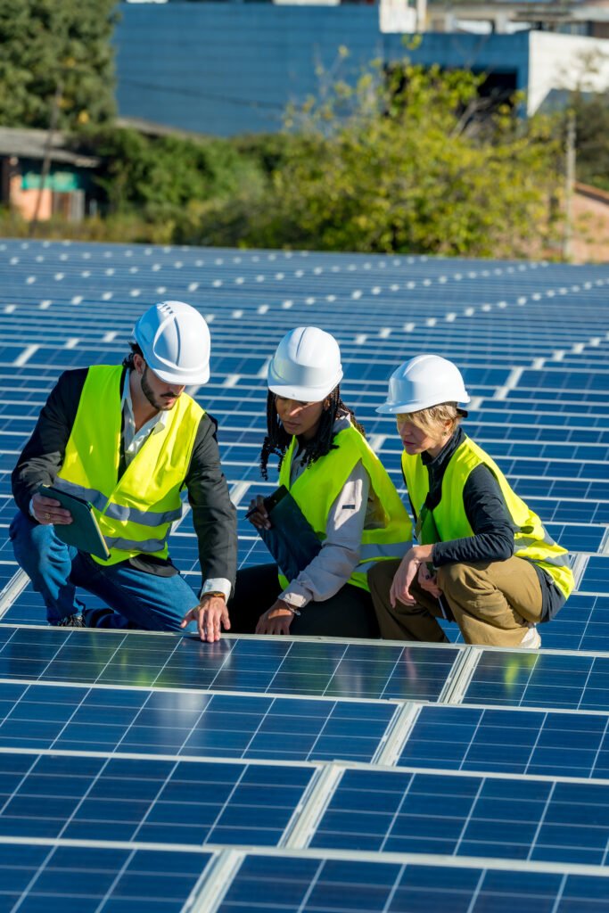 engineers inspecting solar panels at photovoltaic power plant